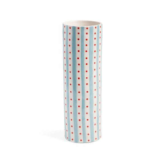 Vase cylindrique rayures bleues et pois rouges