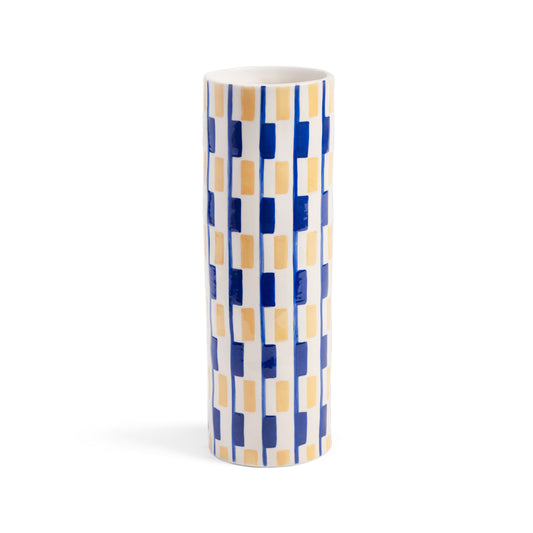 Vase cylindrique motif carreaux bleu